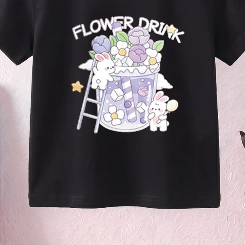 Girls Black Short Sleeve Floral Print T-Shirt Tshirts