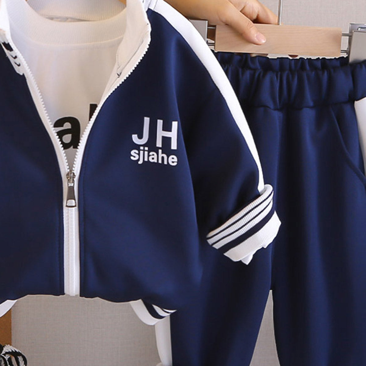 Boys Navy Blue Typographic Printed Front Open Jacket With T-Shirt & Joggers Set Sets