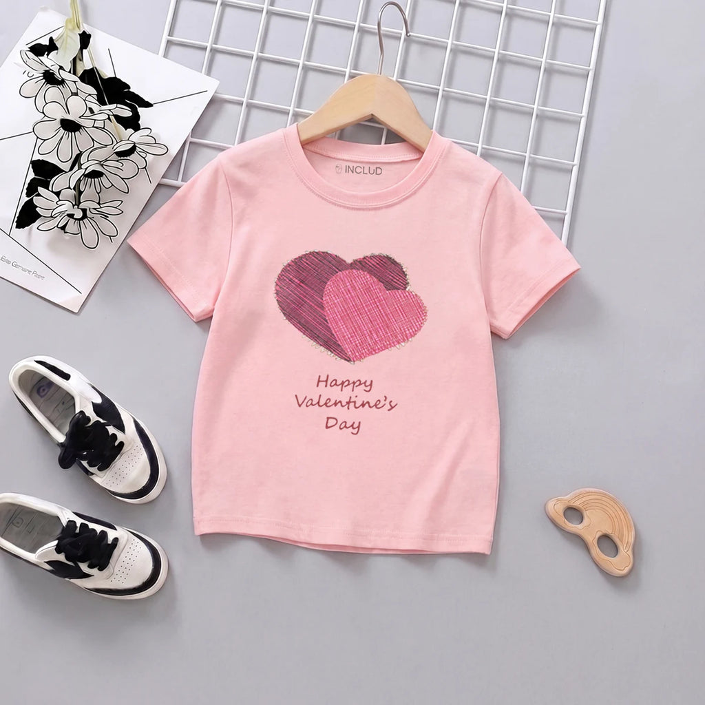 Girls Pink Short Sleeve Heart Print T-Shirt Tshirts Pink 1-2 Y
