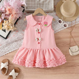 Girls Pink Peter Pan Collar Drop-Waist Dress With Bow Details