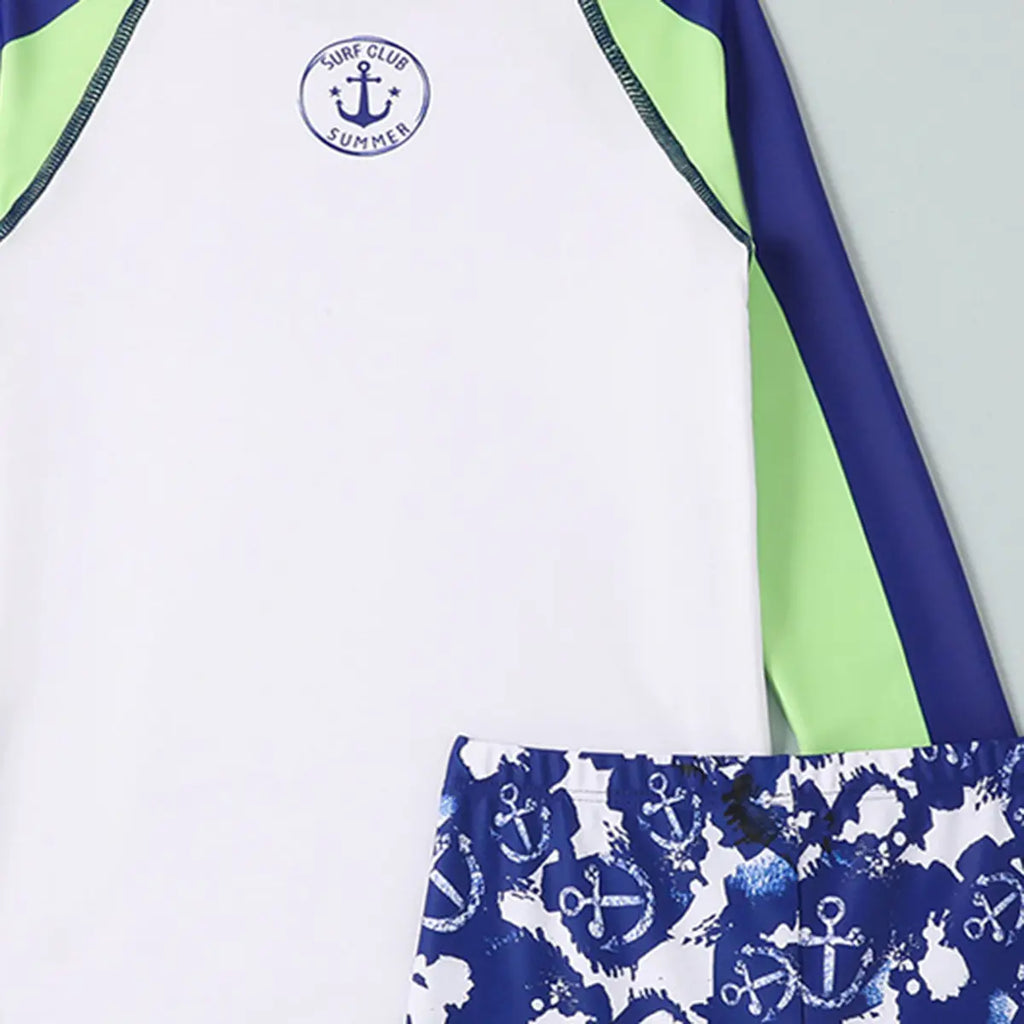 Boys White Long Sleeves T-Shirt With Printed Shorts Swimwear Sets Beachwear