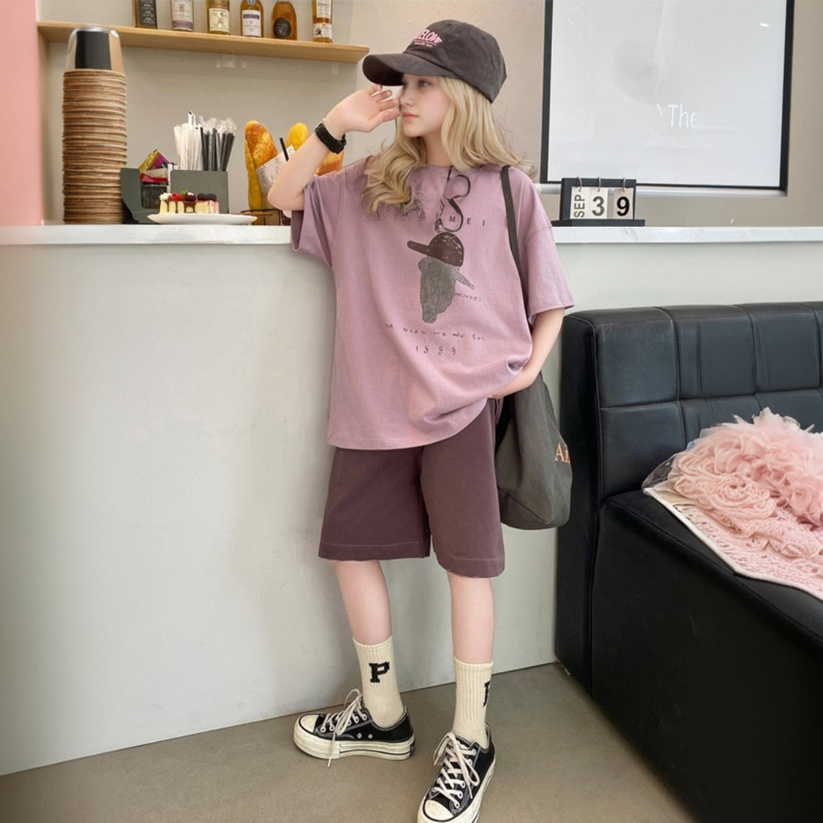Girls Purple Graphics Printed Summer Oversized T-Shirt With Shorts Set 2 pc. Sets
