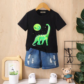 Boys Black Dinosaur Graphic Short Sleeves Round Neck T-Shirt Tshirts Black 3-4 Y