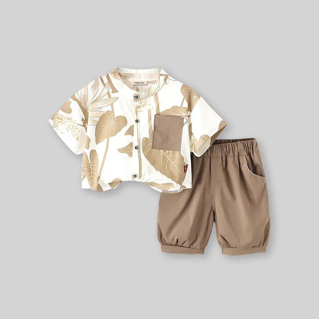 Boys Khaki Tropical Print Shirt with Bermudas Set