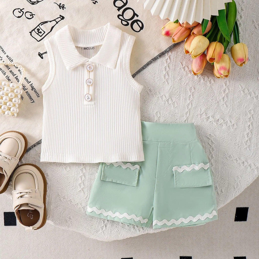 Girls Sleeveless Polo Top With Light Green Shorts Sets 2 pc. Sets Light Green 1-2 Y