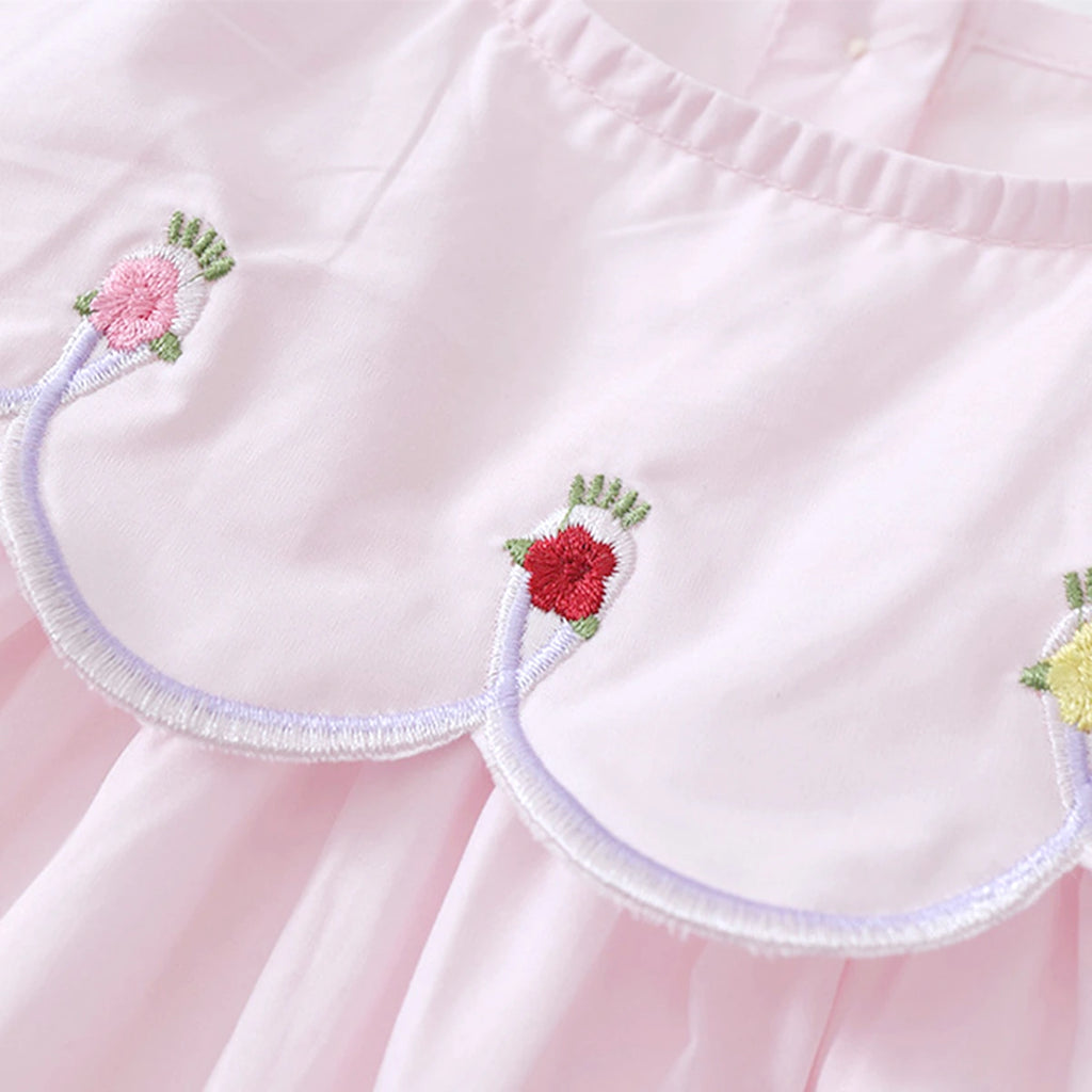 Girls Light Pink Embroidered Puff Sleeve Fit & Flare Dress Casual Dresses