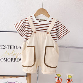 Boys Short Sleeve Striped T-Shirt With Short Length Dungaree 2 pc. Sets Off White 1-2 Y 