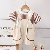 Boys Short Sleeve Striped T-Shirt With Short Length Dungaree 2 pc. Sets Off White 1-2 Y 