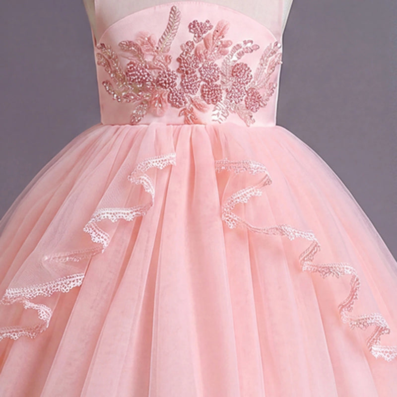 Girls Pink Embellished Sleeveless Layered Party Wear Dress Party Dresses
