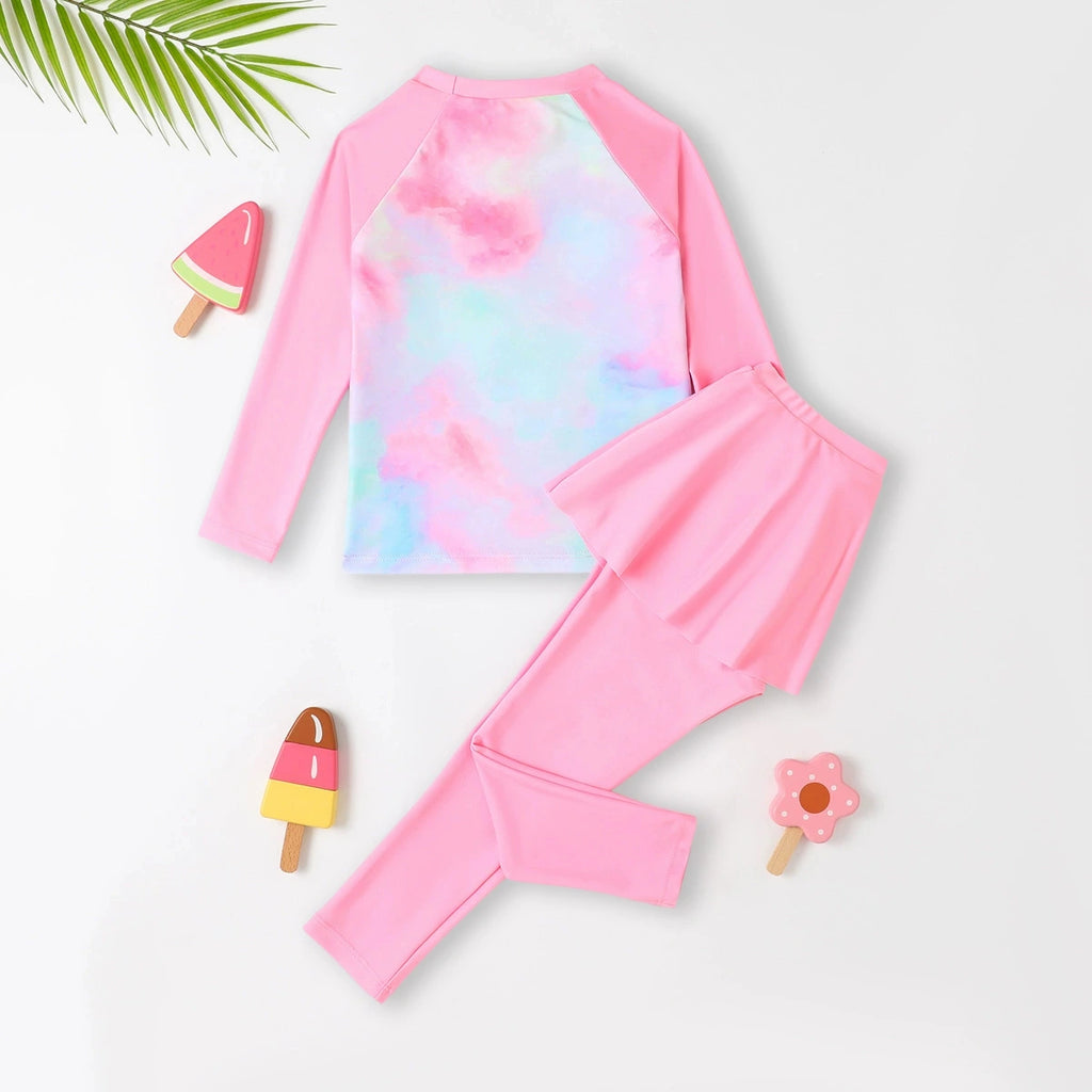 Girls Pink Tye-dye Printed T-Shirt & Skirt With Attached Legging Swimwear sets Sets