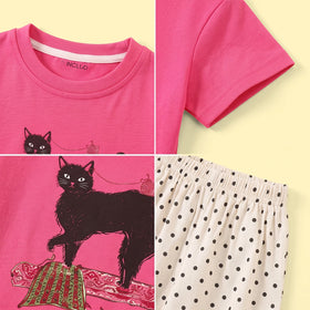 Girls Pink Graphic Short Sleeve T-Shirt With Pants Sets 2 pc. Sets
