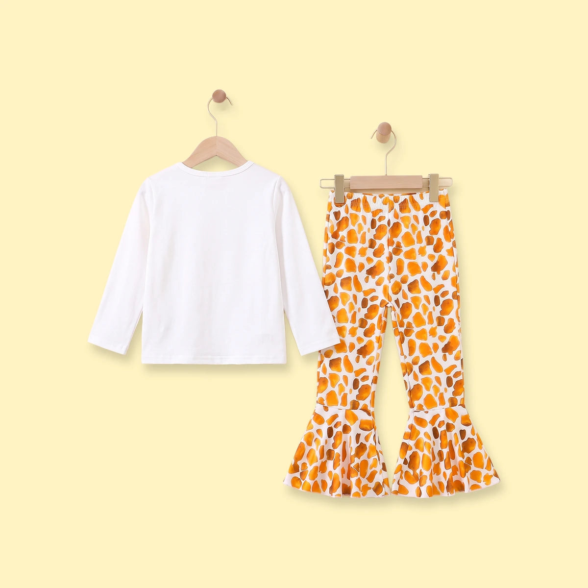 Girls White Giraffe Print T-Shirt With Flared Pants Sets 2 pc. Sets