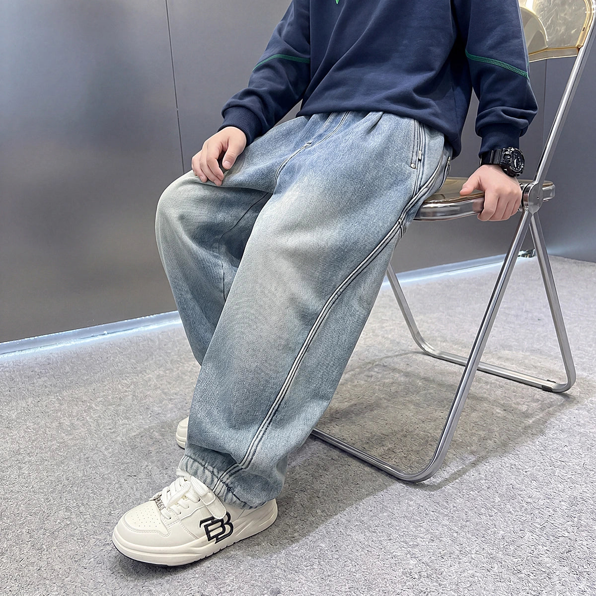 Boys Light Blue Embroidered Loose Fit Denim Jeans Pants