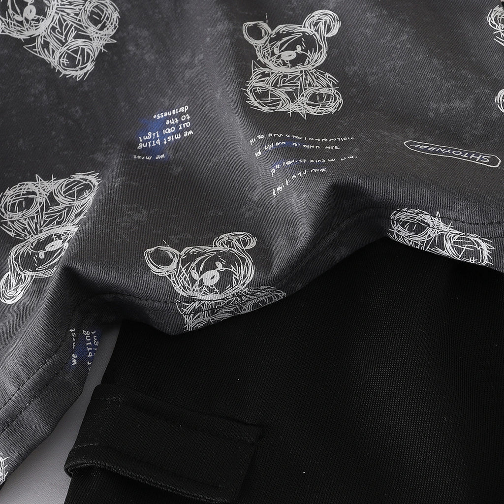 Boys Dark Grey Bear Cartoon Print Short Sleeves T-Shirt With Shorts Set Sets