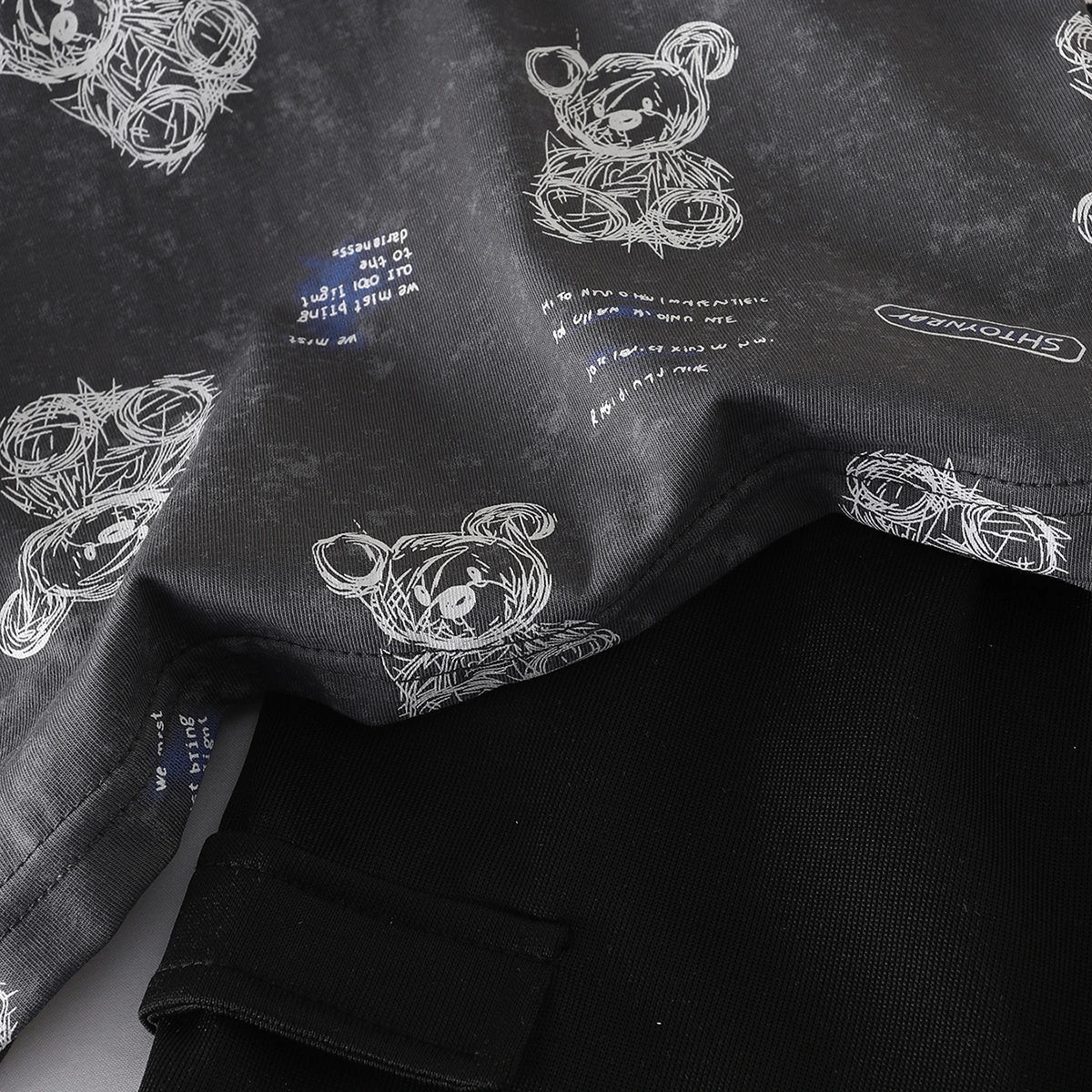 Boys Dark Grey Bear Cartoon Print Short Sleeves T-Shirt With Shorts Set Sets