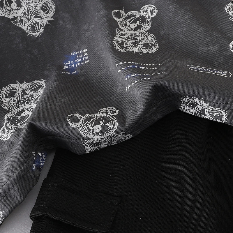 Boys Dark Grey Bear Cartoon Print Short Sleeves T-Shirt With Shorts Set Sets