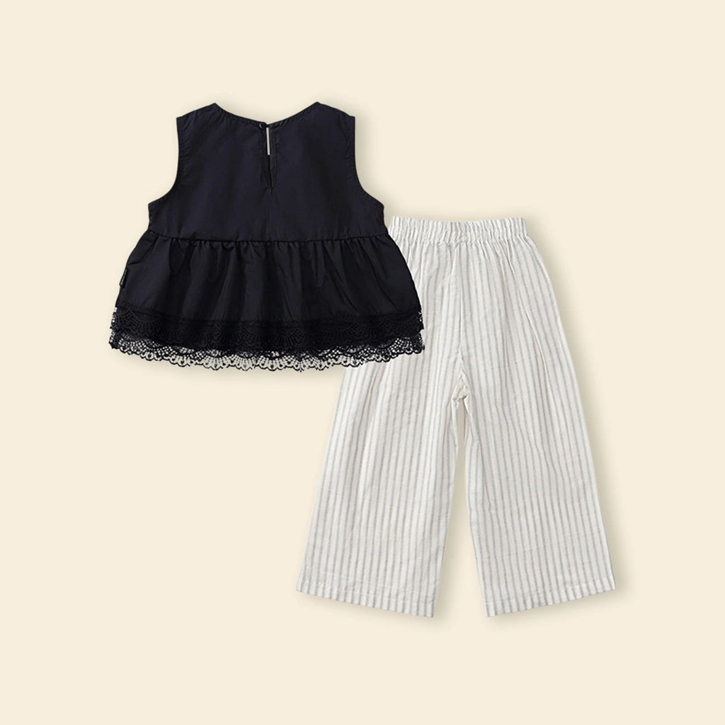 Girls Black Lace Peplum Top With Striped Pants Sets Sets