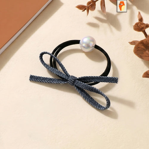 Pack of 2 Pcs Girls Multicolour Denim Bow Pearl Ponytail Holders Clips