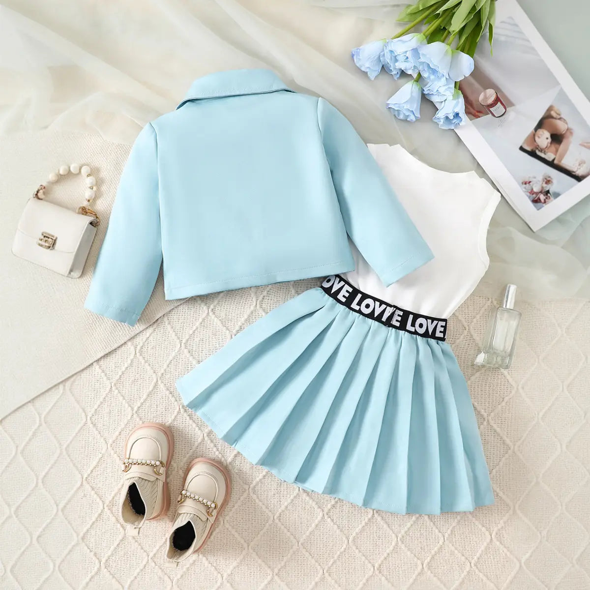 Girls Light Blue Flower Applique Jacket With T-Shirt & Skirt Sets Sets