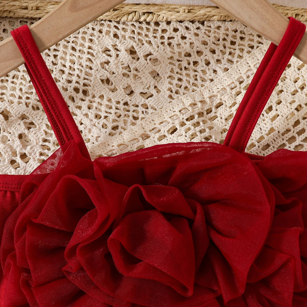 Girls Burgundy Big Flower Applique Crop Top With Tiered Tulle Skirt Sets Sets