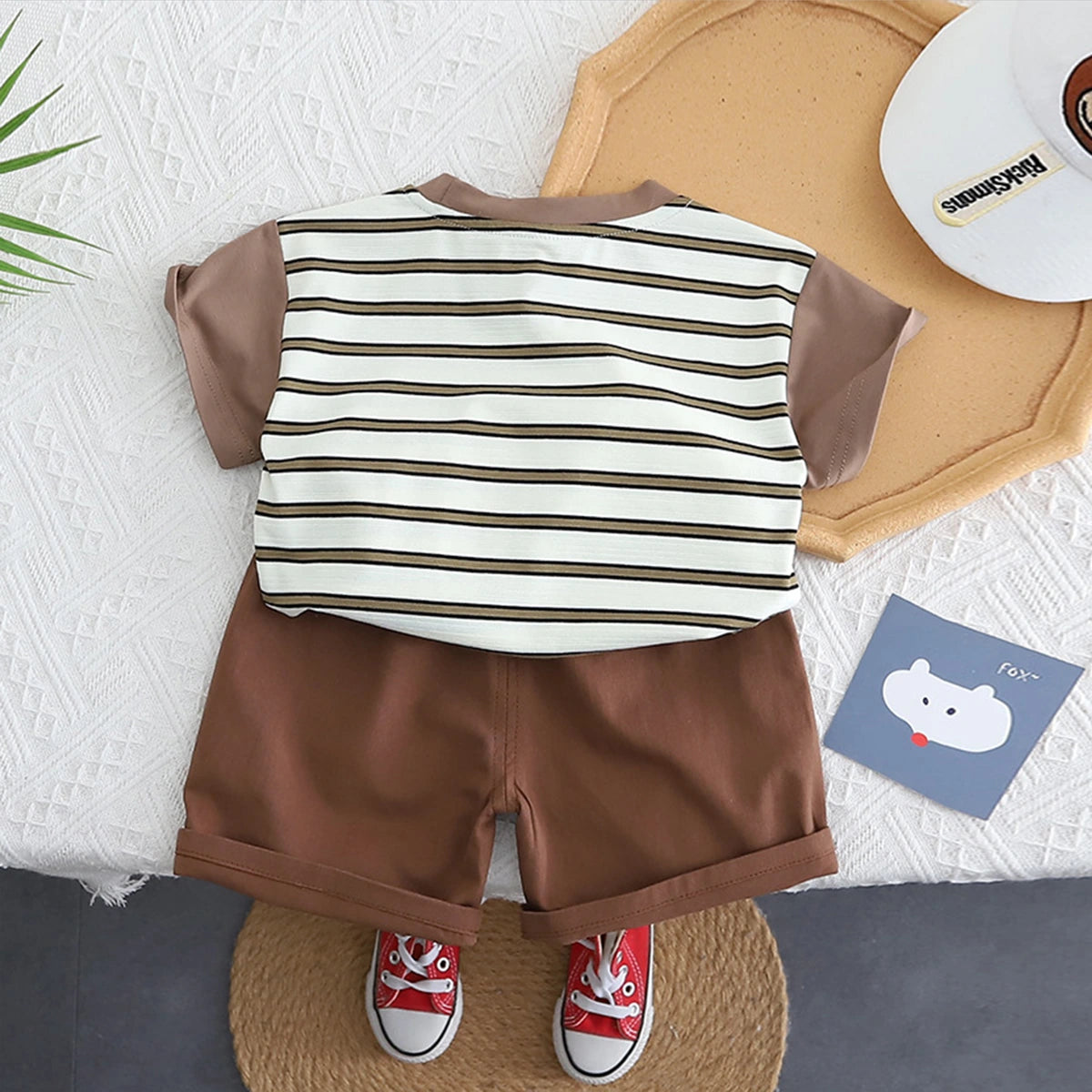 Boys Brown Dog Motif Striped Short Sleeve T-Shirt With Shorts Sets 2 pc. Sets