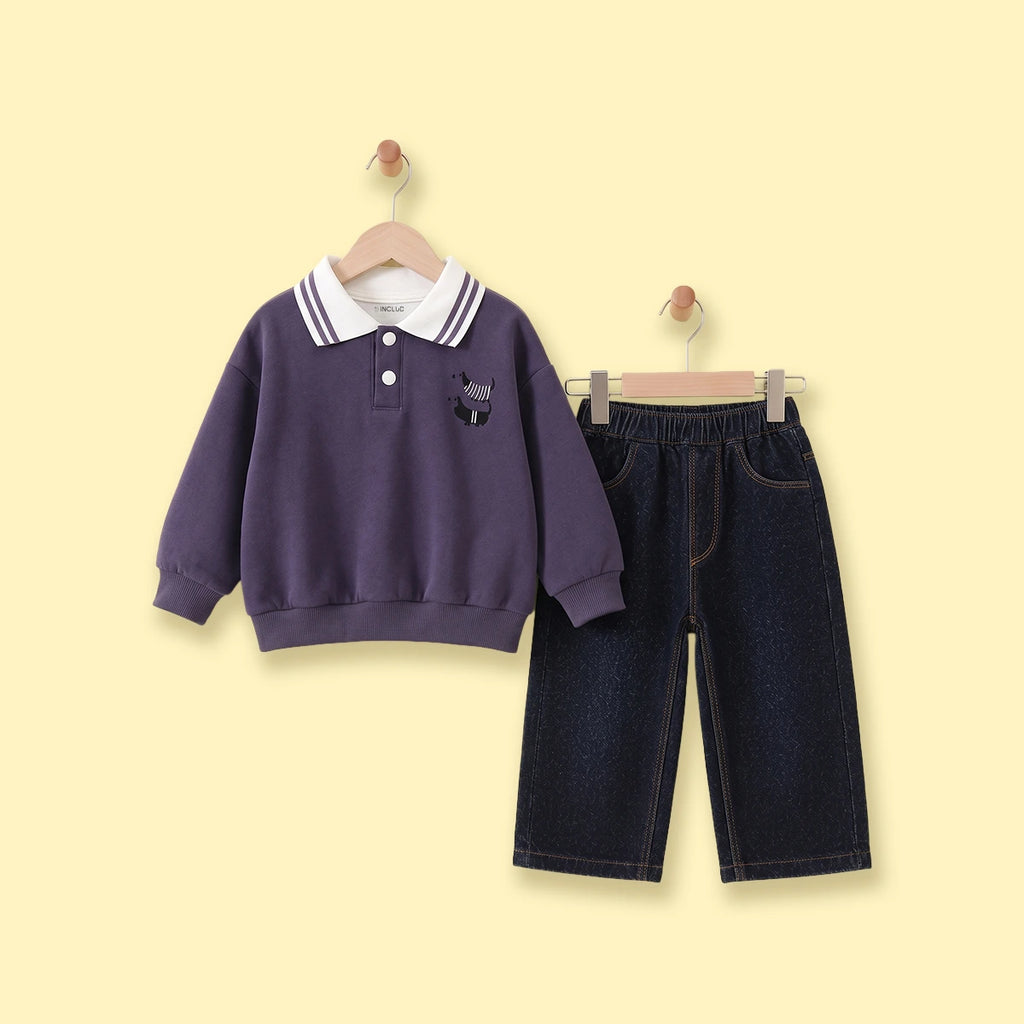 Boys Blue Graphic Polo Sweatshirt With Denim Pants Sets Sets Blue 1-2 Y