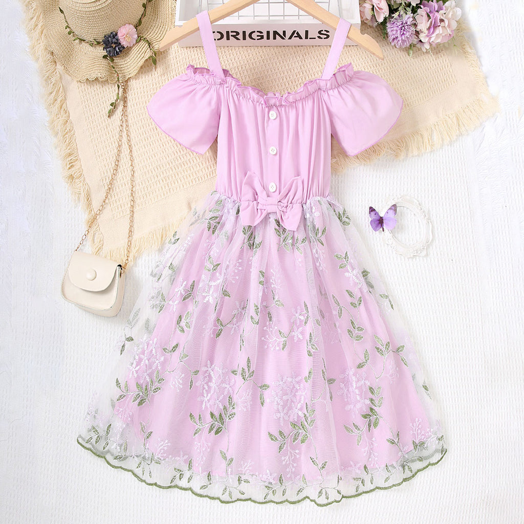 Girls Purple Off Shoulder Floral Embroidered Dress Casual Dresses Purple 7-8 Y