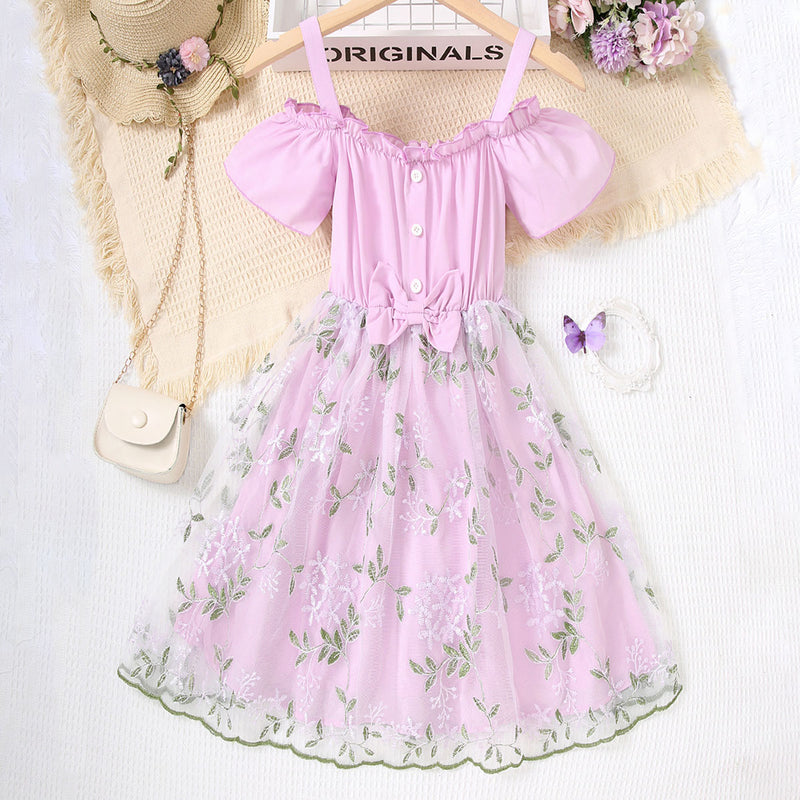 Girls Purple Off Shoulder Floral Embroidered Dress Casual Dresses Purple 7-8 Y