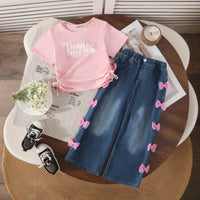 Girls Pink Typographic Print Ruched Top With Denim Pant Sets Sets Pink 3-4 Y