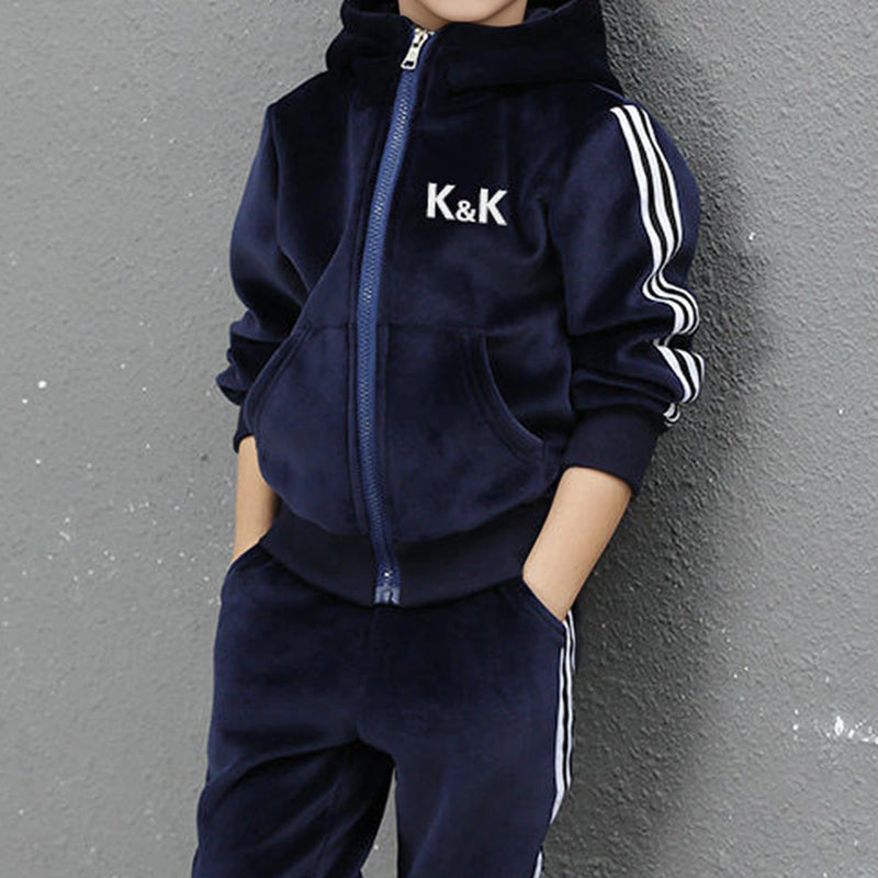 Boys Navy Blue Three Side Stripes Hooded Zip-up Jacket With Jogger Sets Sets
