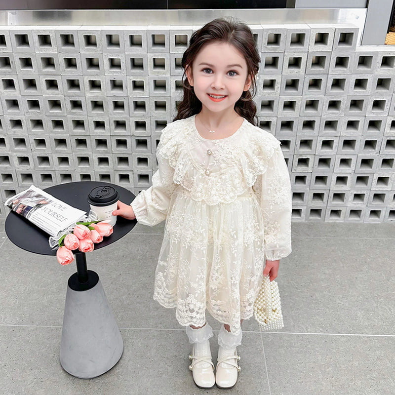 Girls Apricot Floral Embroidered Long Sleeves Party Wear Dress Party Dresses Apricot 1-2 Y