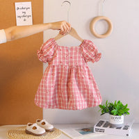 Girls Red Checked A-line Dress With Bow & Lace Trim Casual Dresses