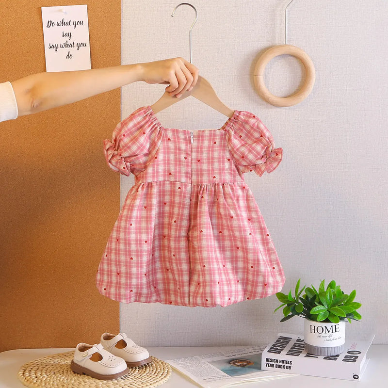 Girls Red Checked A-line Dress With Bow & Lace Trim Casual Dresses