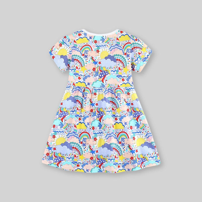 Girls Short Sleeve Rainbow Printed Dress Casual Dresses   