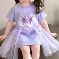 Girls Purple Printed Round Neck T-Shirt Dress with Bow Detail Casual Dresses