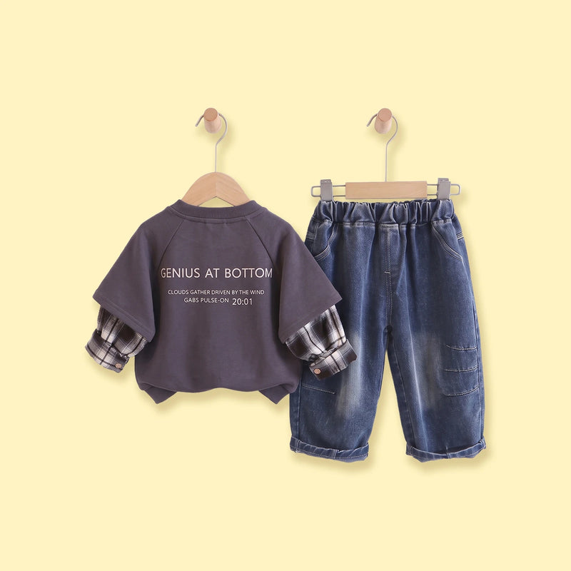 Boys Dark Grey Typography Sweatshirt With Denim Pants 2 pc. Sets