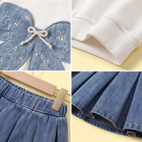 Girls White Bow Applique Sweatshirt With Denim Skirt Sets 2 pc. Sets