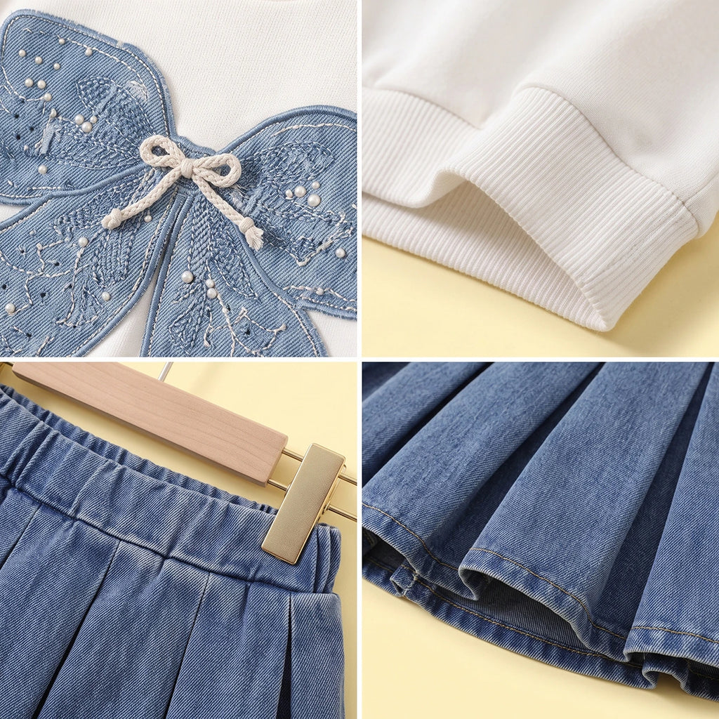 Girls White Bow Applique Sweatshirt With Denim Skirt Sets 2 pc. Sets