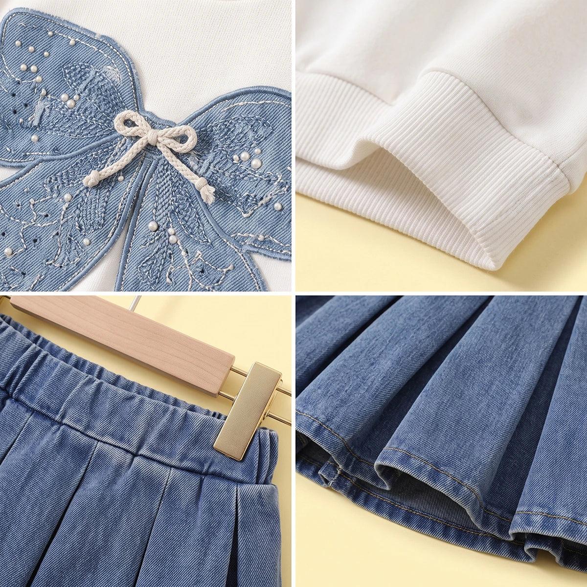Girls White Bow Applique Sweatshirt With Denim Skirt Sets 2 pc. Sets
