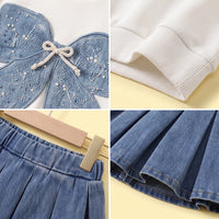 Girls White Bow Applique Sweatshirt With Denim Skirt Sets 2 pc. Sets