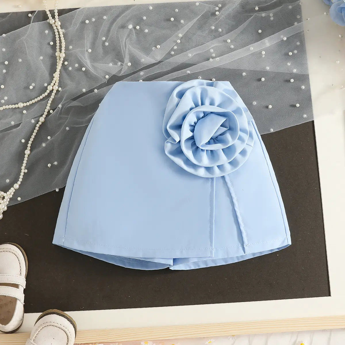 Girls Light Blue Large Flower Applique Long Sleeves Top With Skorts Set Sets