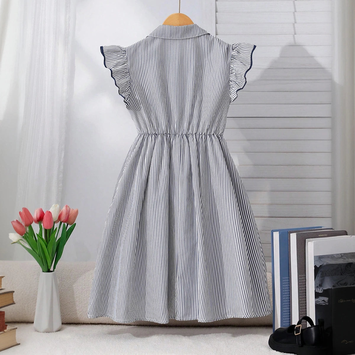 Girls Black Striped Flutter Sleeve Peter Pan Collar Dress Casual Dresses