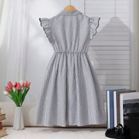 Girls Black Striped Flutter Sleeve Peter Pan Collar Dress Casual Dresses