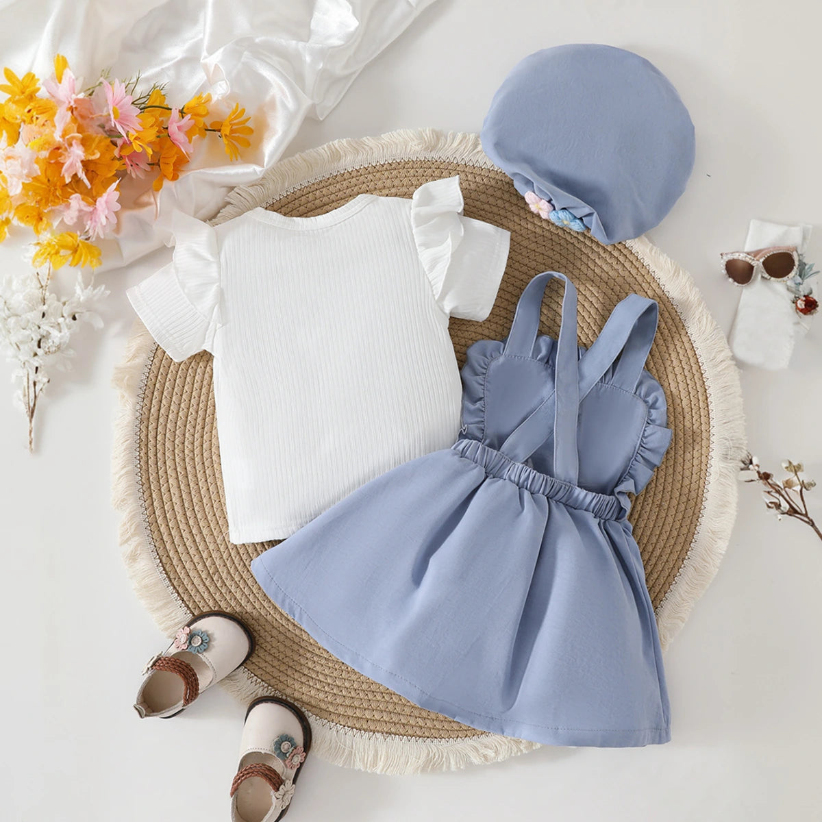 Girls Blue Flowers Applique Pinafore Dress With Short Sleeves Top Casual Dresses