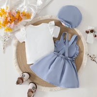 Girls Blue Flowers Applique Pinafore Dress With Short Sleeves Top Casual Dresses