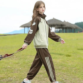 Girls Brown Bunny Face Printed Zipper Jacket With Jogger Set Sets