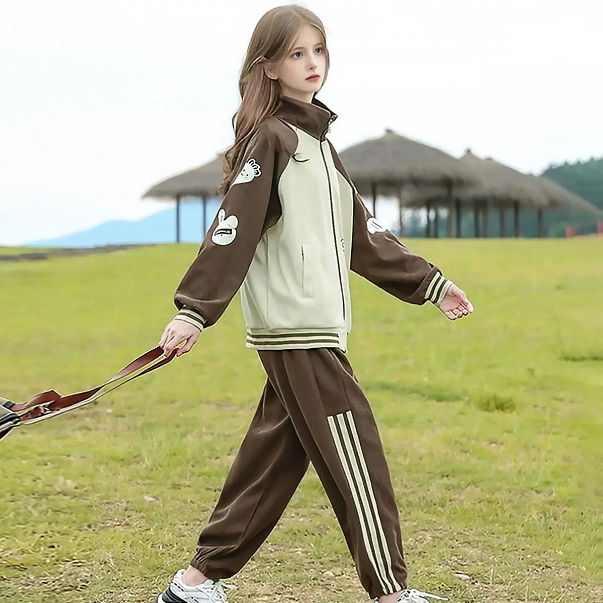 Girls Brown Bunny Face Printed Zipper Jacket With Jogger Set Sets