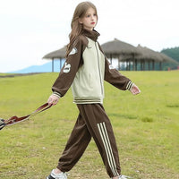 Girls Brown Bunny Face Printed Zipper Jacket With Jogger Set Sets