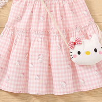 Girls Light Pink Kitty Print Sleeveless Tiered Dress Casual Dresses
