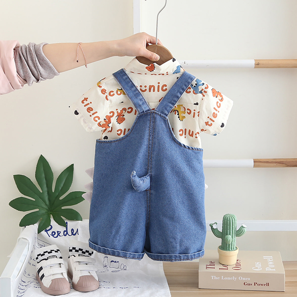 Boys Orange Typographic Printed Short Sleeves Shirt With Denim Dungaree Set 2 pc. Sets